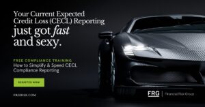 Sleek sports car beside CECL compliance ad
